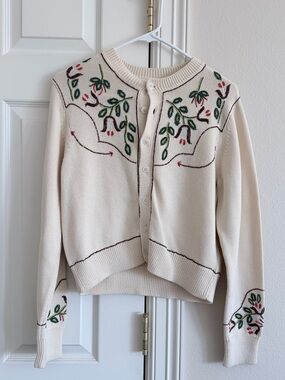 THE GREAT. Cream Cardigan with Green and Red Floral Embroidery